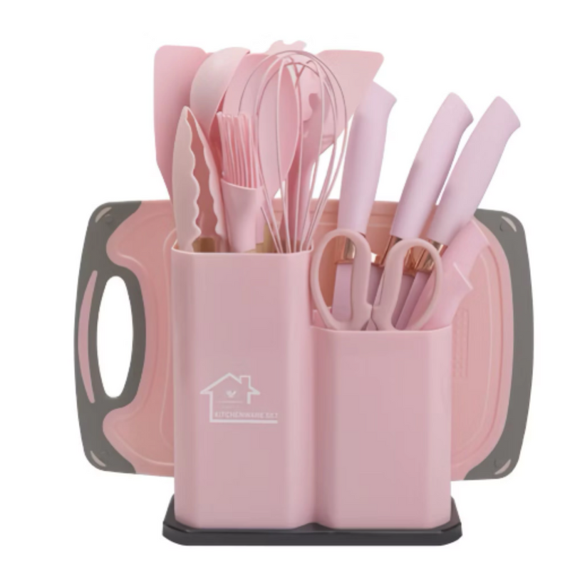 Kit Completo Jogo Utensílios de Cozinha Luxo 19 Peças Com Tábua em Silicone Espátula Faca Tesoura